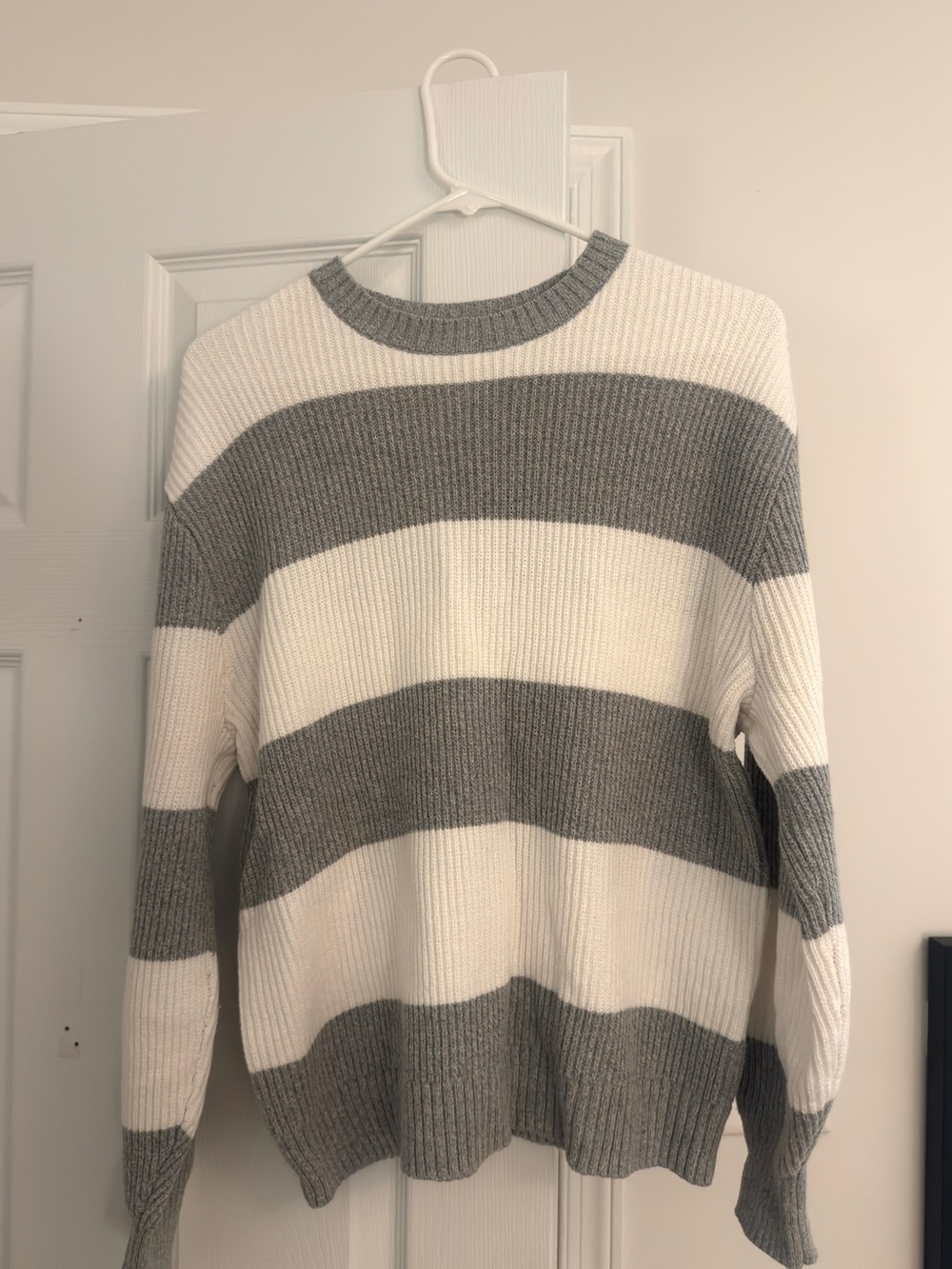 Gray and White Striped Crewneck Sweater